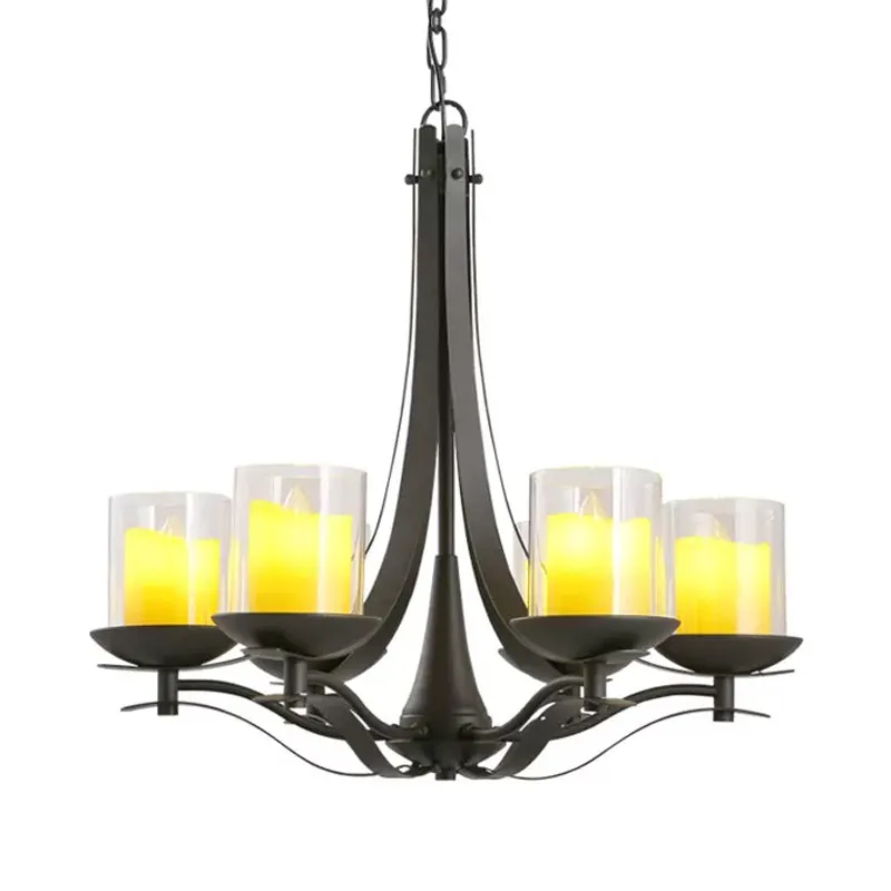 Cilinder helder glazen kroonluchter lichtarmatuur Landelijke 6-lichts eetkamer metalen hanglamp zwart Clearhalo