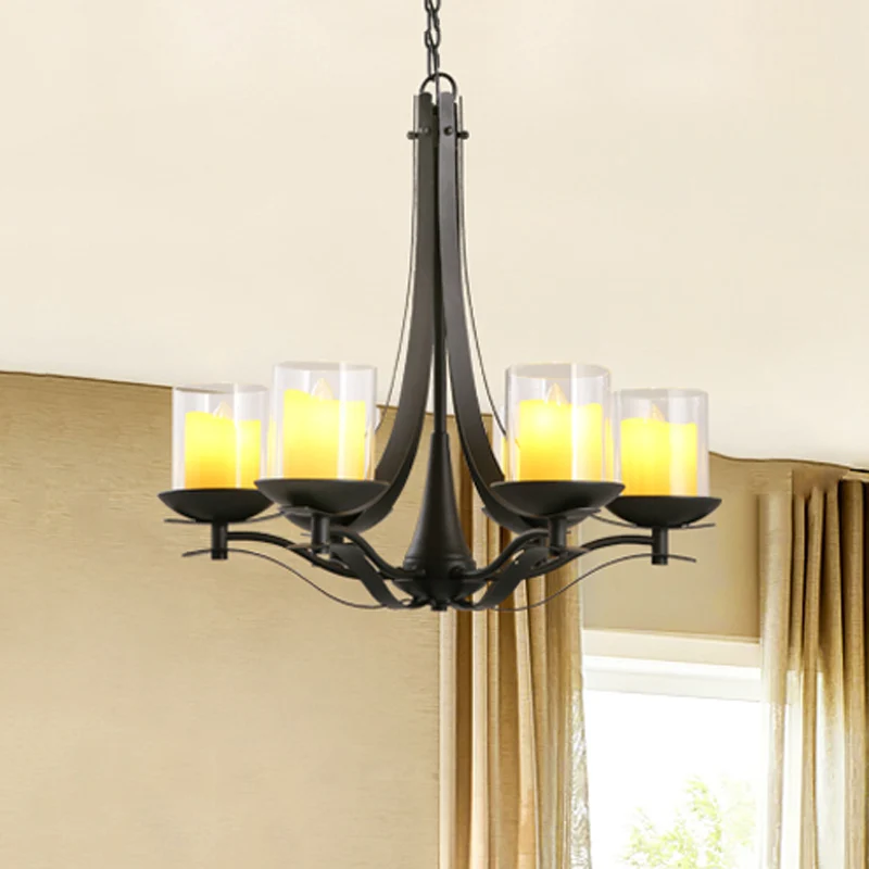 Cilinder helder glazen kroonluchter lichtarmatuur Landelijke 6-lichts eetkamer metalen hanglamp zwart Clearhalo