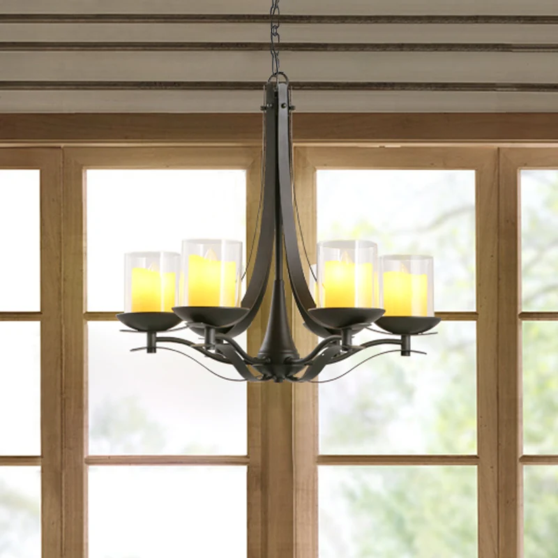 Cilinder helder glazen kroonluchter lichtarmatuur Landelijke 6-lichts eetkamer metalen hanglamp zwart Clearhalo