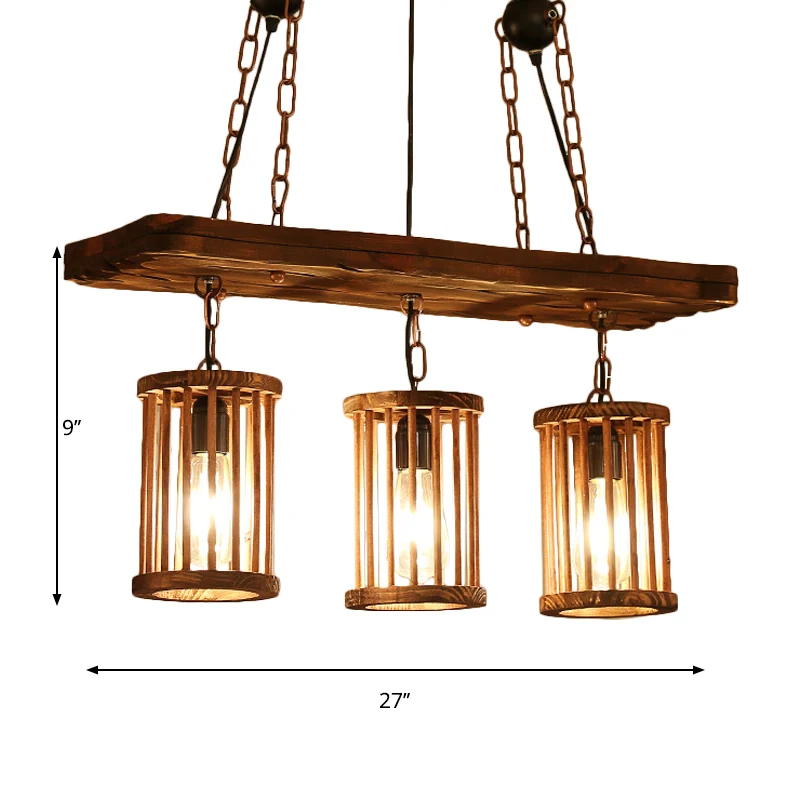 Cilinder keukeneilandverlichting met houten plank Landelijke hanglamp met 3 koppen Clearhalo