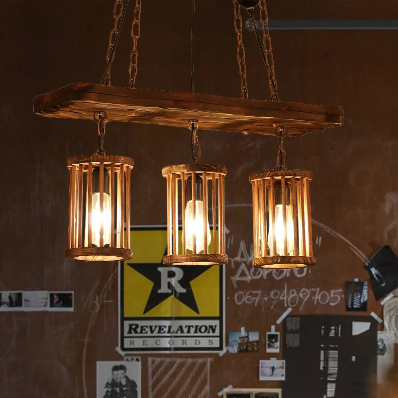 Cilinder keukeneilandverlichting met houten plank Landelijke hanglamp met 3 koppen Clearhalo