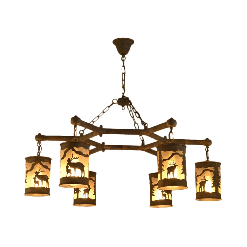 Cilinder kroonluchter van metaal en stof, rustiek, 3/6/9 lampen, eetkamer hanglamp bruin met hertenpatroon Clearhalo