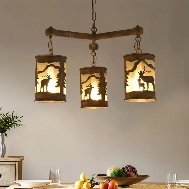 Cilinder kroonluchter van metaal en stof, rustiek, 3/6/9 lampen, eetkamer hanglamp bruin met hertenpatroon Clearhalo