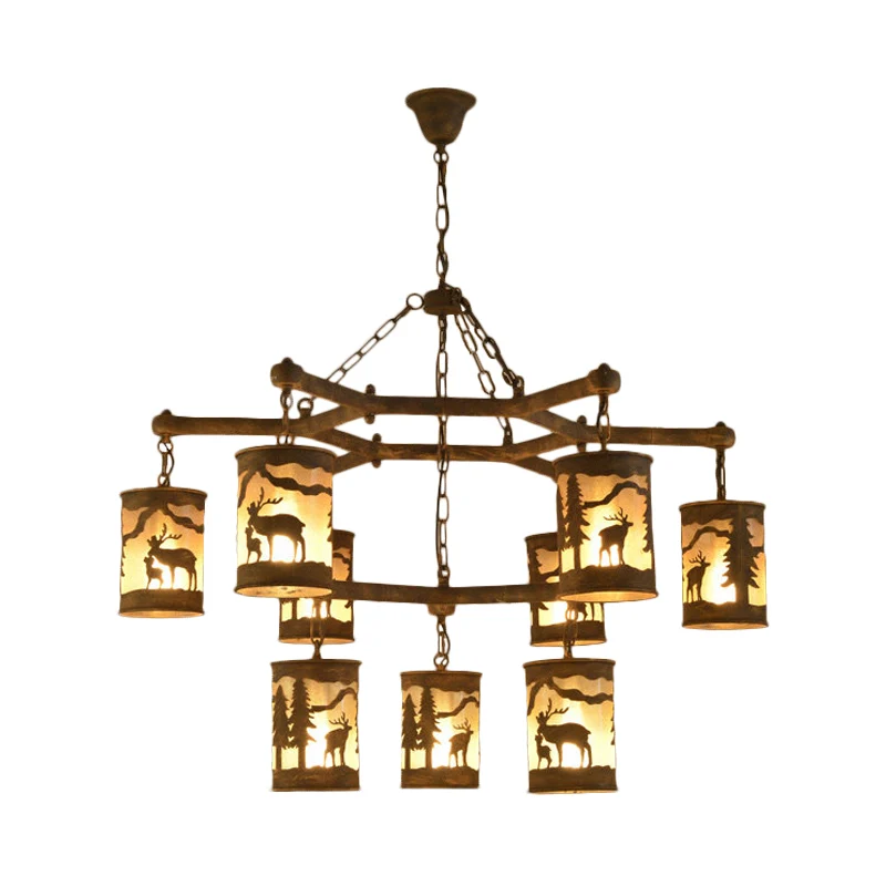 Cilinder kroonluchter van metaal en stof, rustiek, 3/6/9 lampen, eetkamer hanglamp bruin met hertenpatroon Clearhalo