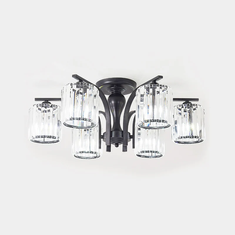 Cilinder semi-inbouwlamp met kristallen kap Scandinavisch metaal 6/8/10 lampen Zwart plafondgemonteerd armatuur Clearhalo