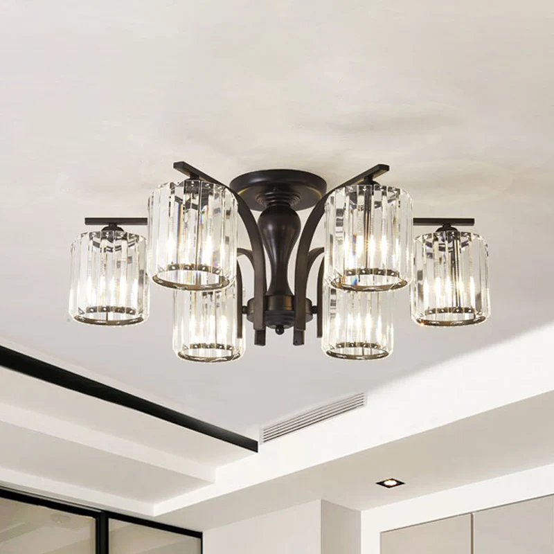 Cilinder semi-inbouwlamp met kristallen kap Scandinavisch metaal 6/8/10 lampen Zwart plafondgemonteerd armatuur Clearhalo