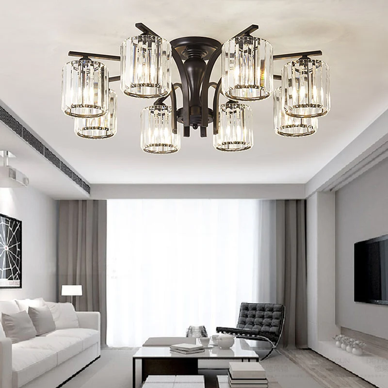 Cilinder semi-inbouwlamp met kristallen kap Scandinavisch metaal 6/8/10 lampen Zwart plafondgemonteerd armatuur Clearhalo