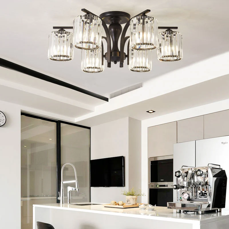 Cilinder semi-inbouwlamp met kristallen kap Scandinavisch metaal 6/8/10 lampen Zwart plafondgemonteerd armatuur Clearhalo