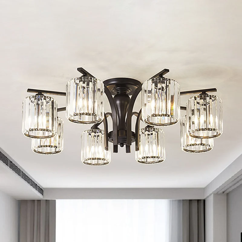 Cilinder semi-inbouwlamp met kristallen kap Scandinavisch metaal 6/8/10 lampen Zwart plafondgemonteerd armatuur Clearhalo
