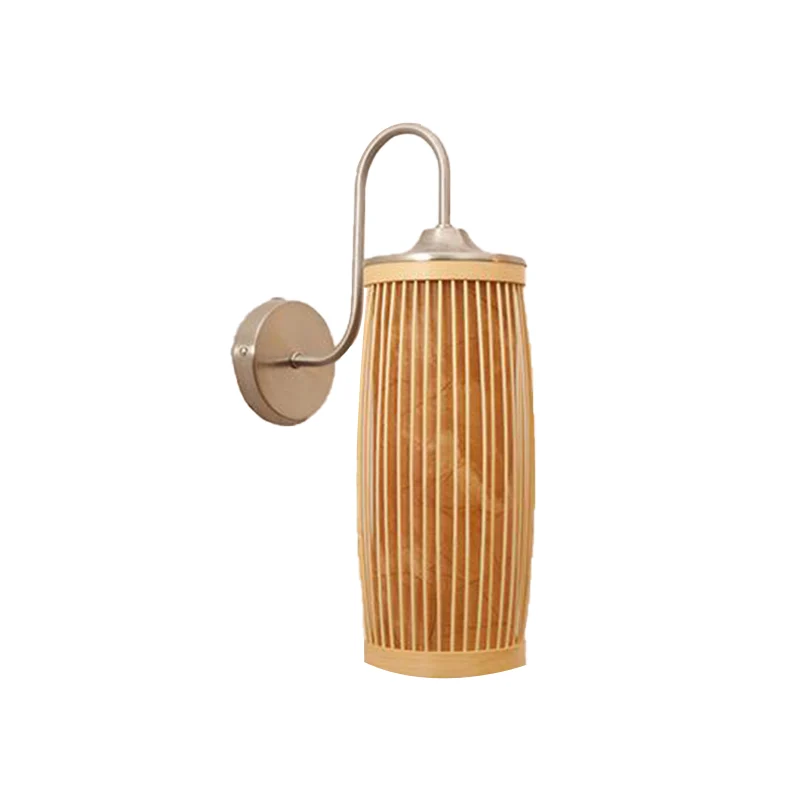 Cilinderkap Wandverlichting Aziatische stijl Bamboe en Metaal 1-lamps beige wandlamp met zwanenhalsarm Clearhalo