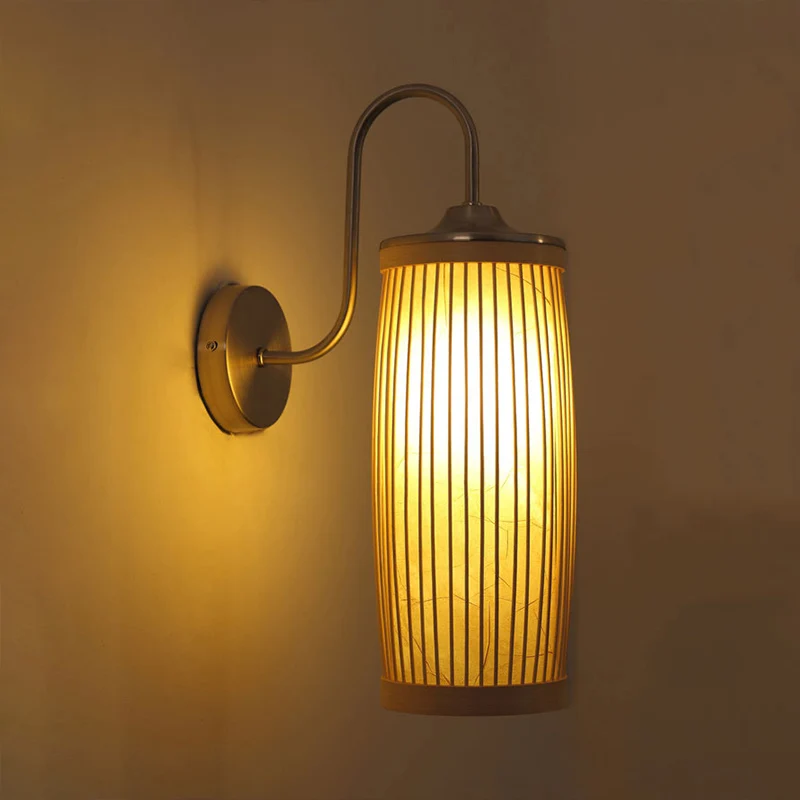 Cilinderkap Wandverlichting Aziatische stijl Bamboe en Metaal 1-lamps beige wandlamp met zwanenhalsarm Clearhalo