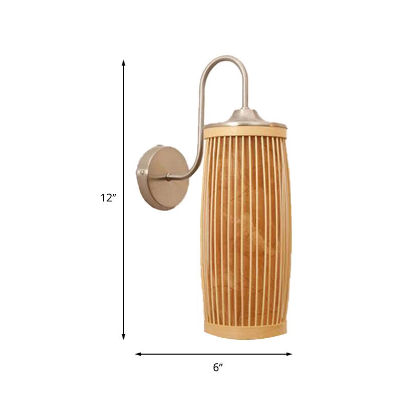Cilinderkap Wandverlichting Aziatische stijl Bamboe en Metaal 1-lamps beige wandlamp met zwanenhalsarm Clearhalo