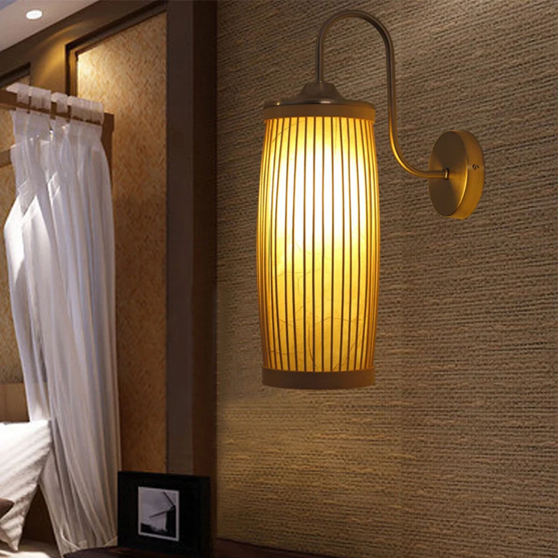 Cilinderkap Wandverlichting Aziatische stijl Bamboe en Metaal 1-lamps beige wandlamp met zwanenhalsarm Clearhalo
