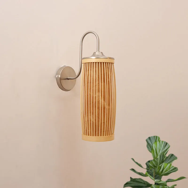 Cilinderkap Wandverlichting Aziatische stijl Bamboe en Metaal 1-lamps beige wandlamp met zwanenhalsarm Clearhalo