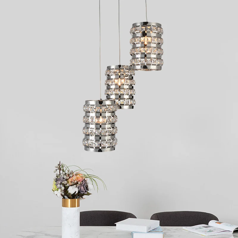 Cilinderkristal multi-licht hanglamp moderne 3-lichts plafondophanglamp met verchroomde afwerking Clearhalo
