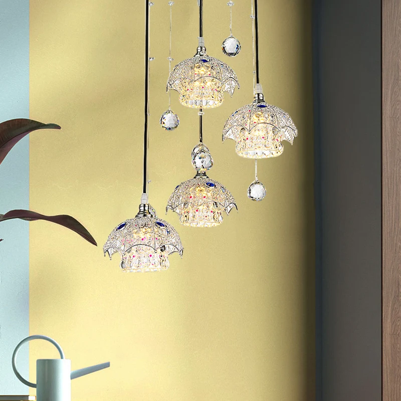 Cilinderkristalblok clusterlichthanger Hedendaags 4-lichts verchroomde neerwaartse verlichting met paraplu-top Clearhalo