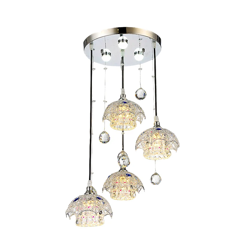 Cilinderkristalblok clusterlichthanger Hedendaags 4-lichts verchroomde neerwaartse verlichting met paraplu-top Clearhalo
