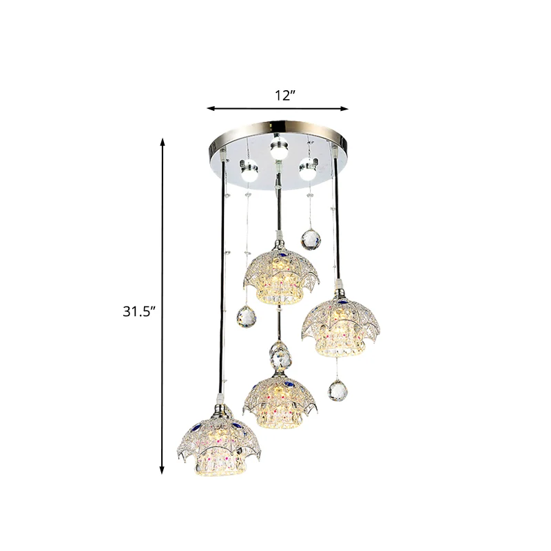 Cilinderkristalblok clusterlichthanger Hedendaags 4-lichts verchroomde neerwaartse verlichting met paraplu-top Clearhalo
