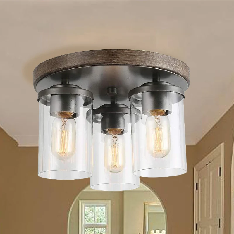 Cilinder-plafondlamp van helder glas, industrieel, 3 lampen, woonkamerverlichting brons Clearhalo