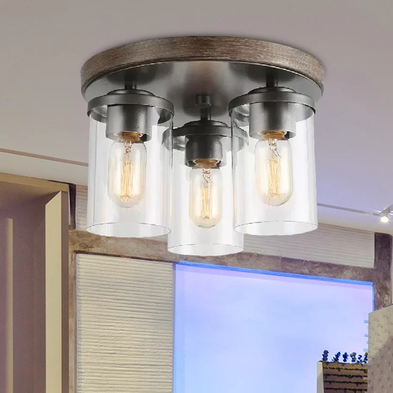 Cilinder-plafondlamp van helder glas, industrieel, 3 lampen, woonkamerverlichting brons Clearhalo