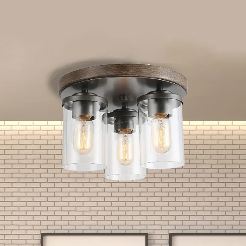 Cilinder-plafondlamp van helder glas, industrieel, 3 lampen, woonkamerverlichting brons Clearhalo