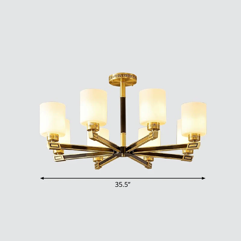 Cilinderplafondlamp van satijnopaalglas. Antieke woonkamerkroonluchter zwart en messing Clearhalo