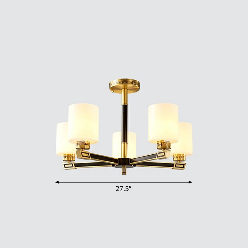 Cilinderplafondlamp van satijnopaalglas. Antieke woonkamerkroonluchter zwart en messing Clearhalo