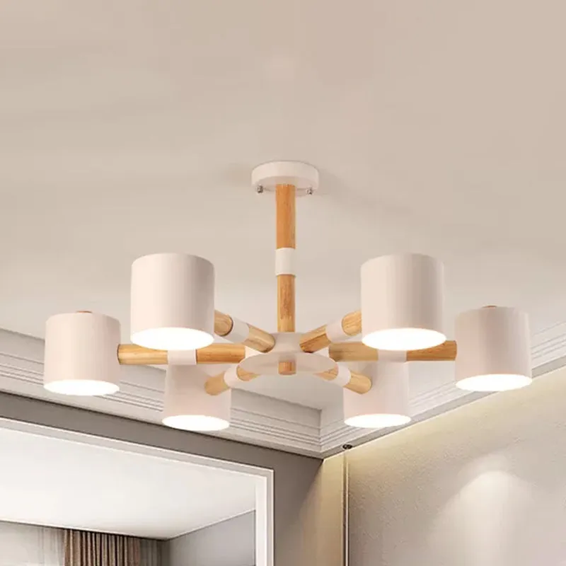 Cilinderschaduw Hotel Hanglamp Metaal en hout 6-kops Scandinavische kroonluchter Clearhalo