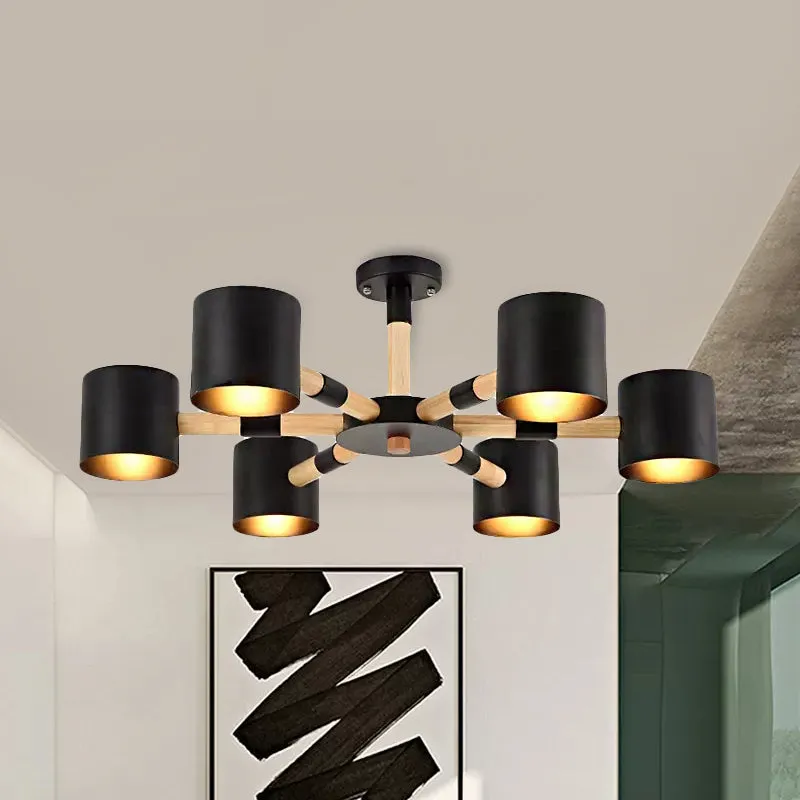 Cilinderschaduw Hotel Hanglamp Metaal en hout 6-kops Scandinavische kroonluchter Clearhalo