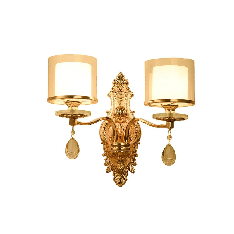 Cilinder-sconce-lamp uit het midden van de eeuw, 2 koppen, helder en matglazen wandlamp goud met kristallen druppel Clearhalo