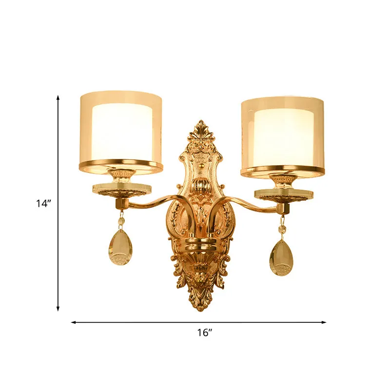 Cilinder-sconce-lamp uit het midden van de eeuw, 2 koppen, helder en matglazen wandlamp goud met kristallen druppel Clearhalo