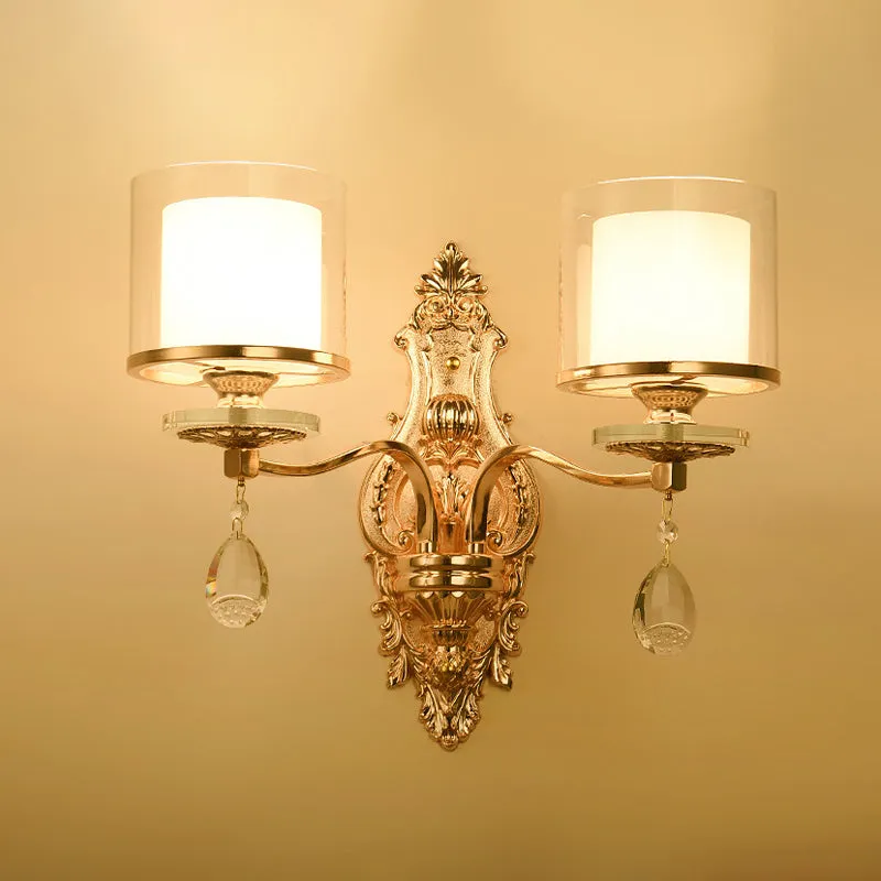Cilinder-sconce-lamp uit het midden van de eeuw, 2 koppen, helder en matglazen wandlamp goud met kristallen druppel Clearhalo