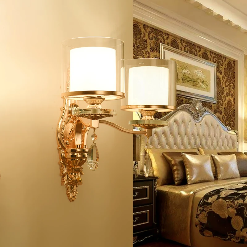 Cilinder-sconce-lamp uit het midden van de eeuw, 2 koppen, helder en matglazen wandlamp goud met kristallen druppel Clearhalo