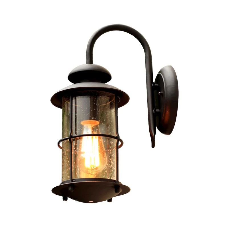 Cilindervormige helderglazen wandmontagelamp Retro 1-lichts buitenwandverlichting zwart Clearhalo