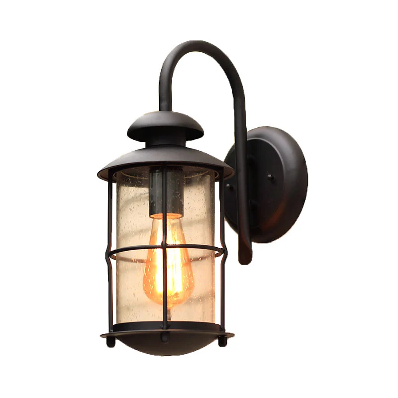Cilindervormige helderglazen wandmontagelamp Retro 1-lichts buitenwandverlichting zwart Clearhalo