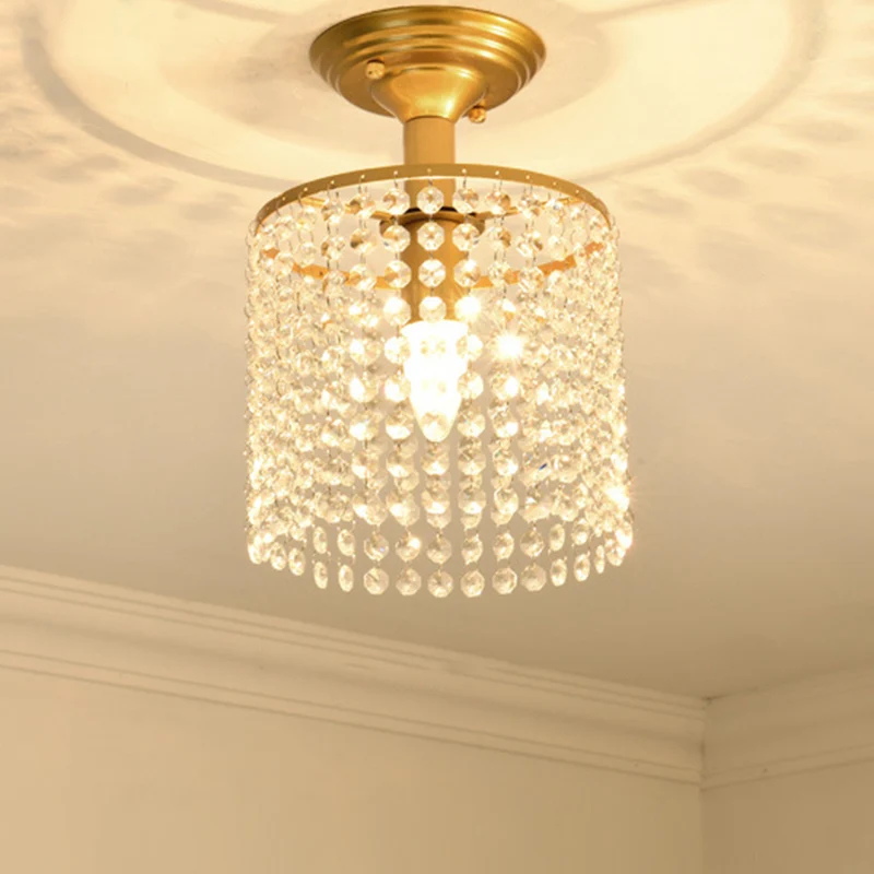 Cilindrische Crystal Strand semi-inbouwlamp Eenvoudige 1-lichts gouden afwerking dicht bij plafondverlichting Clearhalo