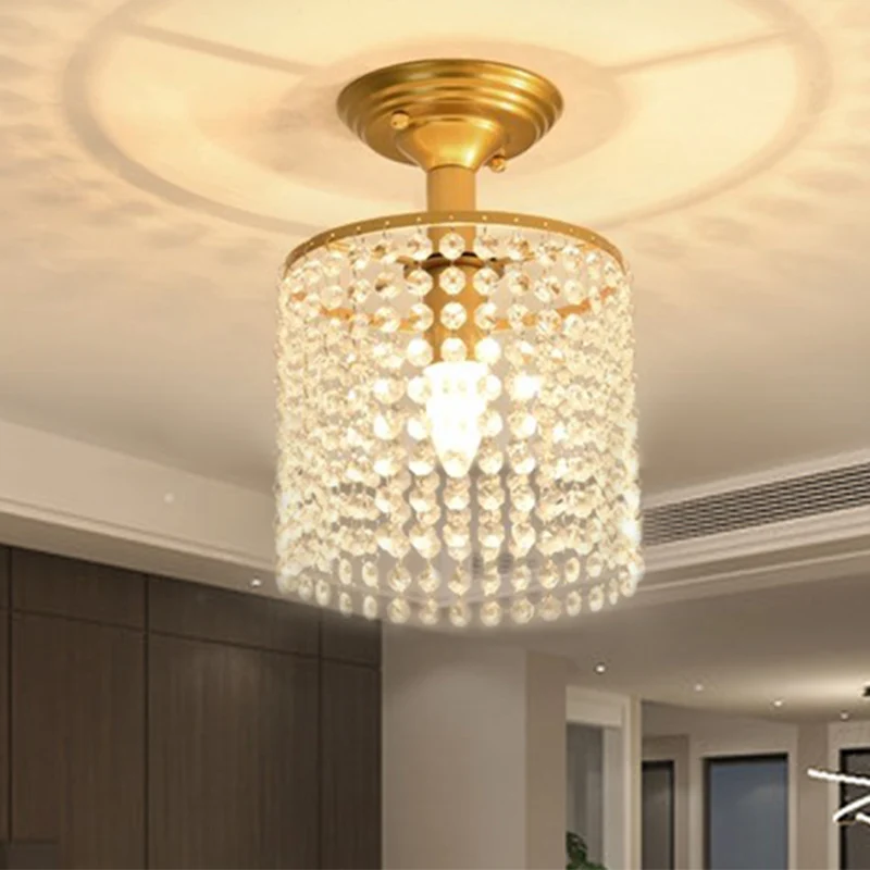 Cilindrische Crystal Strand semi-inbouwlamp Eenvoudige 1-lichts gouden afwerking dicht bij plafondverlichting Clearhalo
