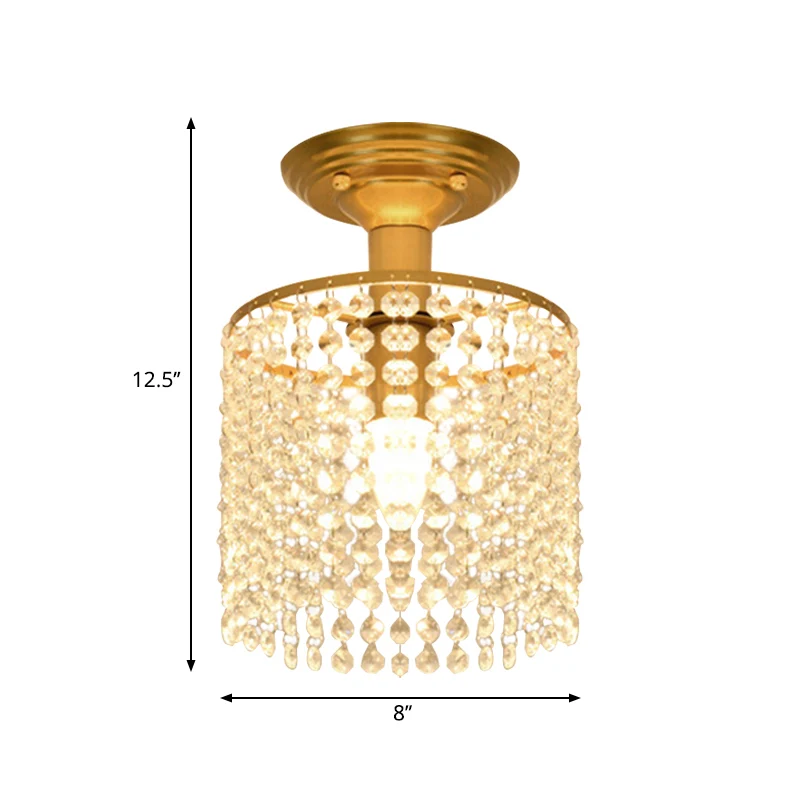 Cilindrische Crystal Strand semi-inbouwlamp Eenvoudige 1-lichts gouden afwerking dicht bij plafondverlichting Clearhalo