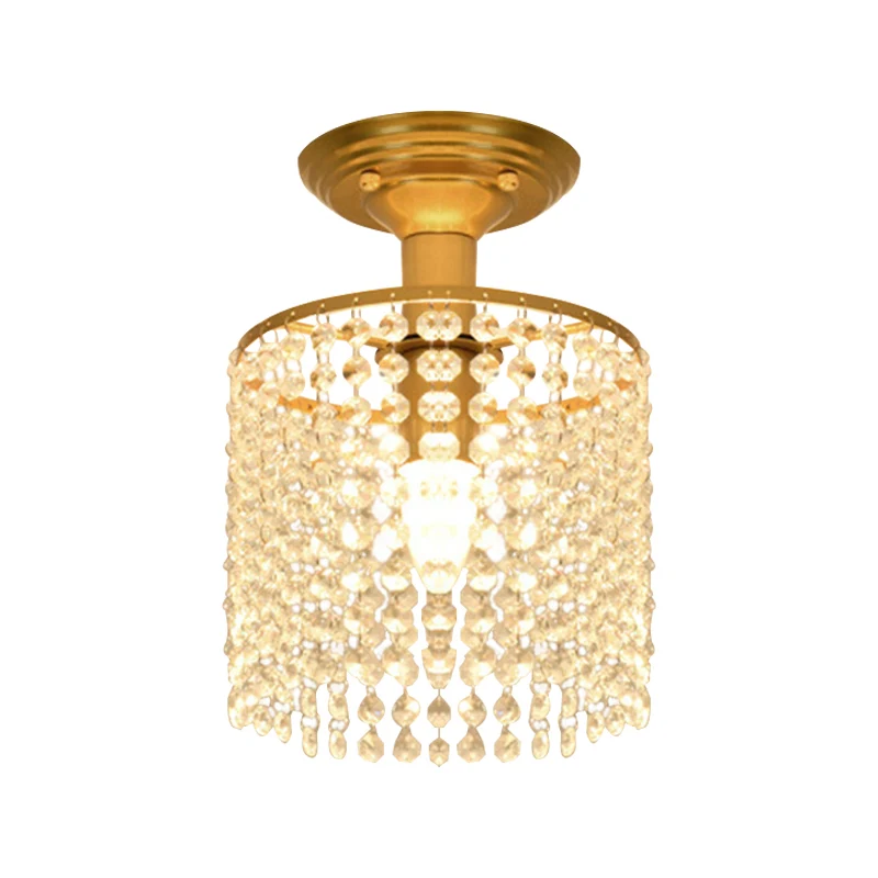 Cilindrische Crystal Strand semi-inbouwlamp Eenvoudige 1-lichts gouden afwerking dicht bij plafondverlichting Clearhalo