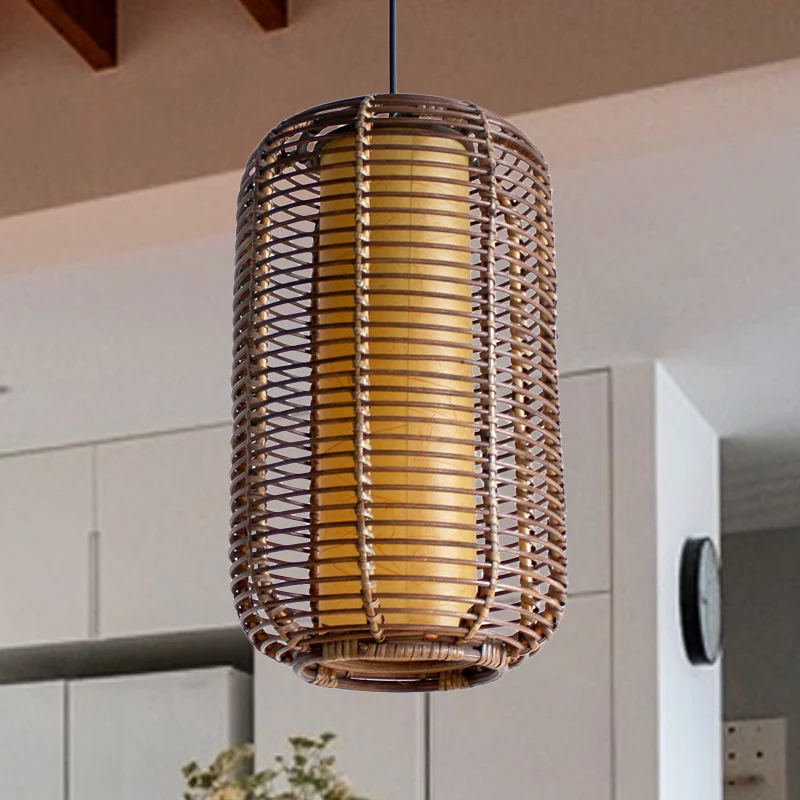 Cilindrische hanglamp Japans bamboe 1-kops hangend verlichtingsarmatuur bruin Clearhalo