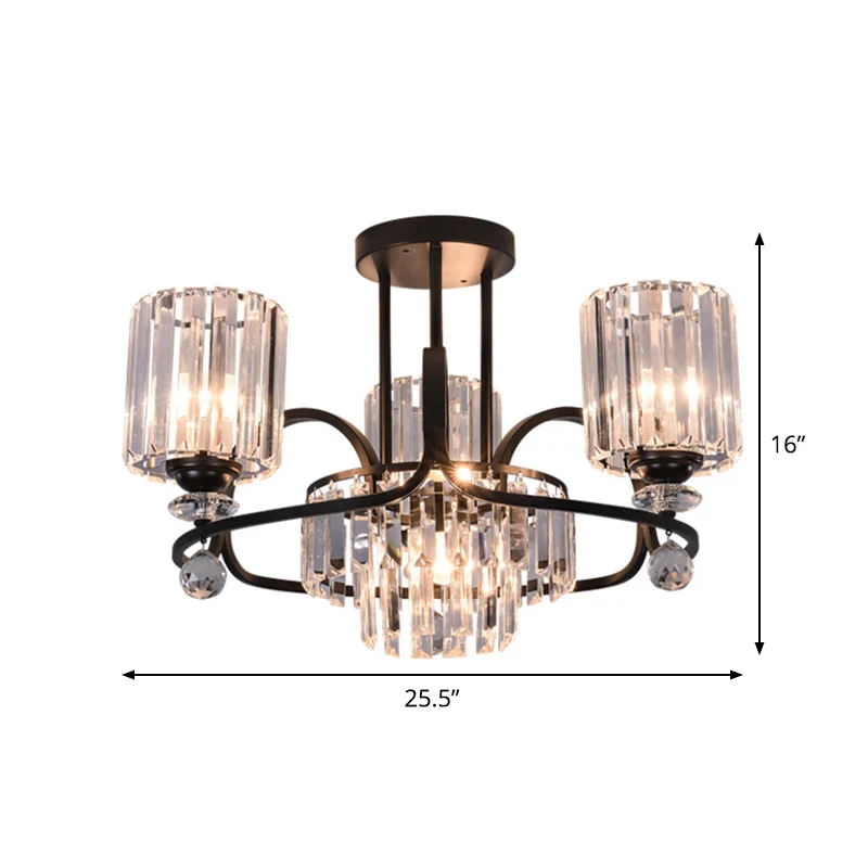 Cilindrische hanglamp modernistische kristallen prisma's 4-lamps salonplafondkroonluchter zwart Clearhalo