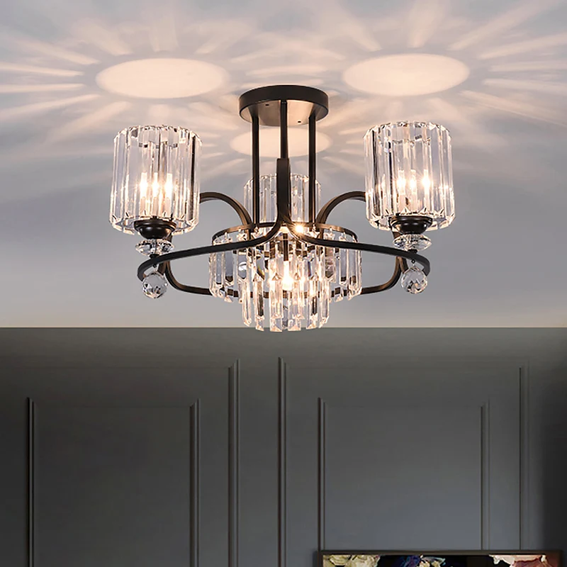 Cilindrische hanglamp modernistische kristallen prisma's 4-lamps salonplafondkroonluchter zwart Clearhalo