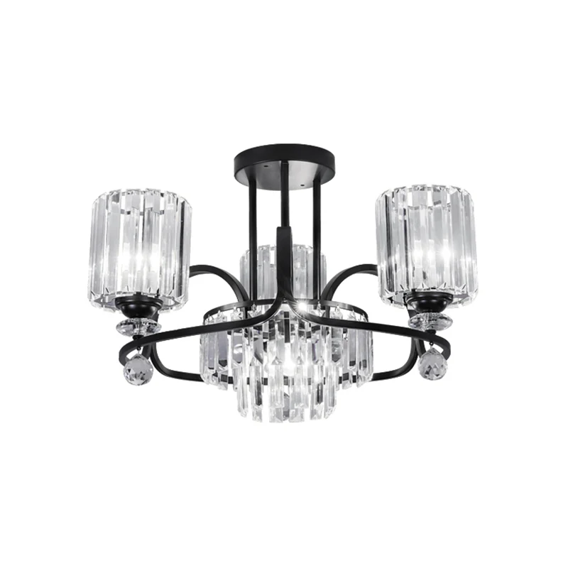 Cilindrische hanglamp modernistische kristallen prisma's 4-lamps salonplafondkroonluchter zwart Clearhalo