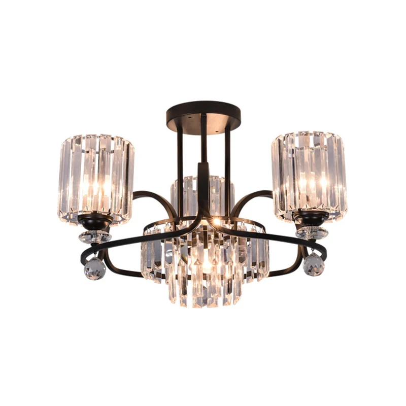Cilindrische hanglamp modernistische kristallen prisma's 4-lamps salonplafondkroonluchter zwart Clearhalo