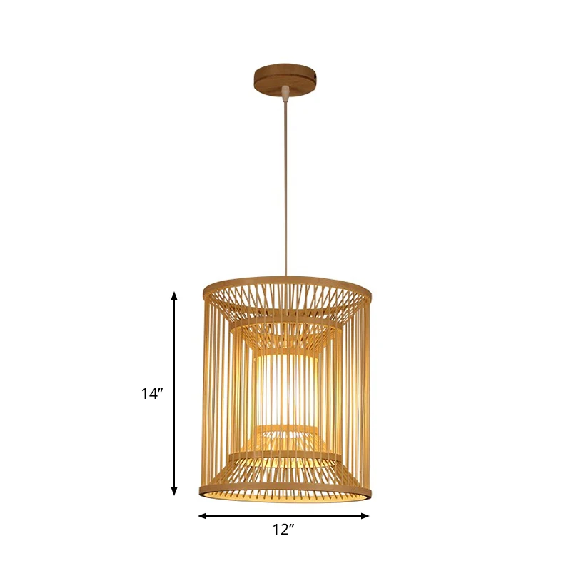 Cilindrische hanglamp Traditie Bamboe 1 lamp Houten hanglampset voor theesalon Clearhalo