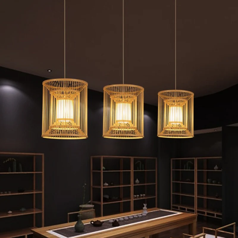 Cilindrische hanglamp Traditie Bamboe 1 lamp Houten hanglampset voor theesalon Clearhalo