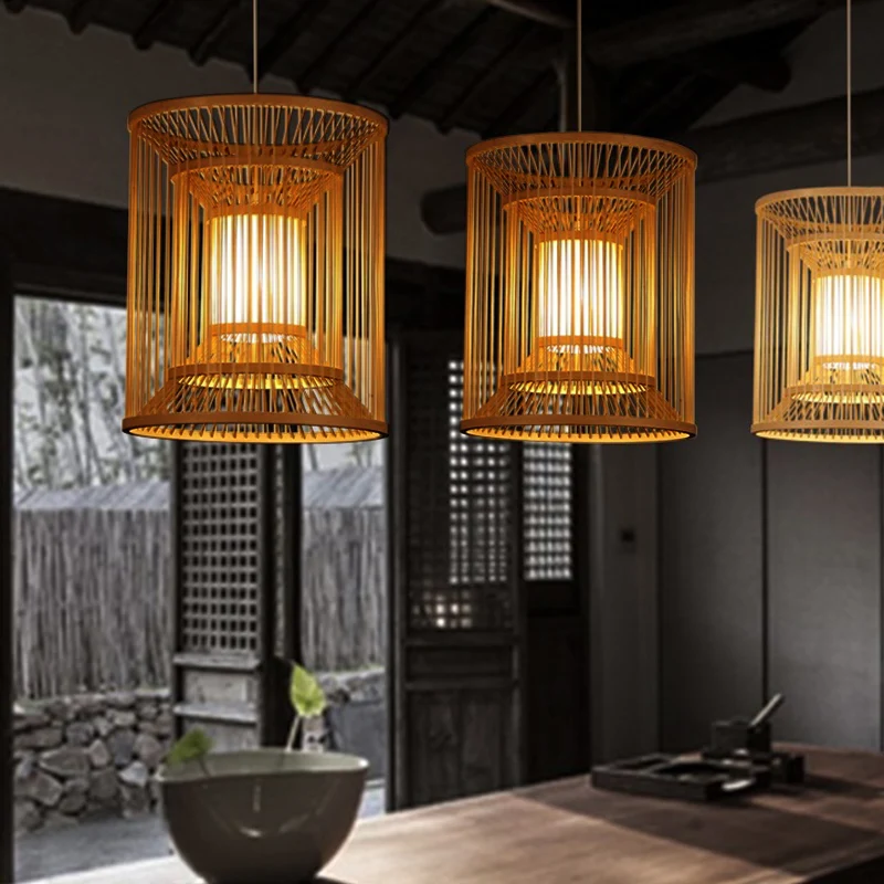 Cilindrische hanglamp Traditie Bamboe 1 lamp Houten hanglampset voor theesalon Clearhalo