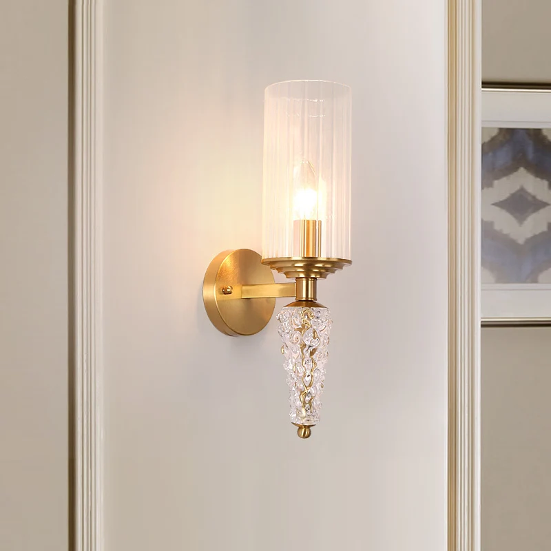 Cilindrische helderglazen kap wandgemonteerde verlichting Vintage 1-lamp wandverlichtingsarmatuur messing voor nachtkastje...