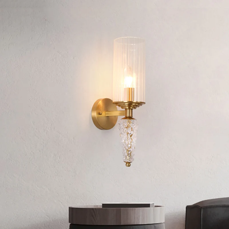 Cilindrische helderglazen kap wandgemonteerde verlichting Vintage 1-lamp wandverlichtingsarmatuur messing voor nachtkastje...