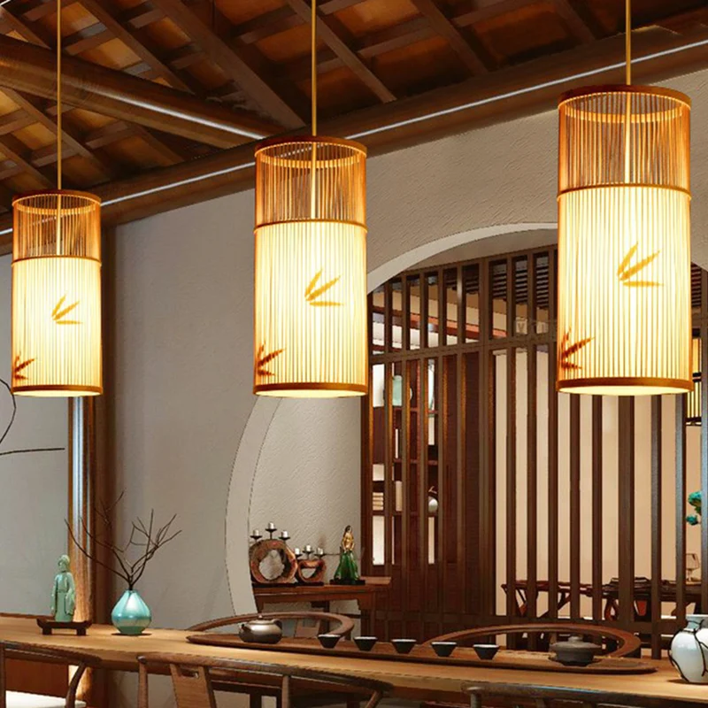 Cilindrische houten slingerlamp Aziatisch 1-lamps bamboe hangplafondlamp voor bistro Clearhalo